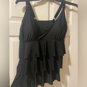2X Nicole Miller New Swim Top Tankini Black Ruffled Swimsuit Top ($98 msrp)